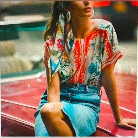 Maeve by Anthroplogie Romina Scarf Printed Top Small EUC - Picture 1 of 9